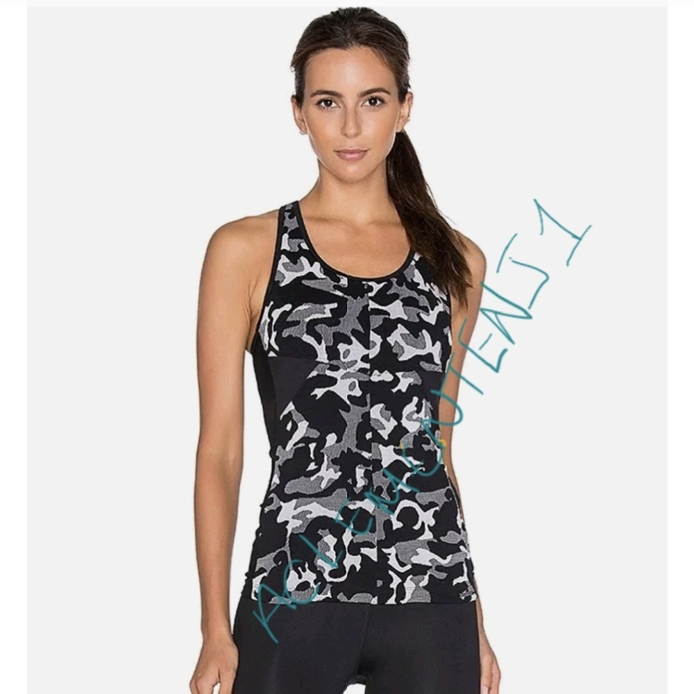 NWOT KORAL Activewear Triad Sports Bra Tank Top Black Camouflage Mesh